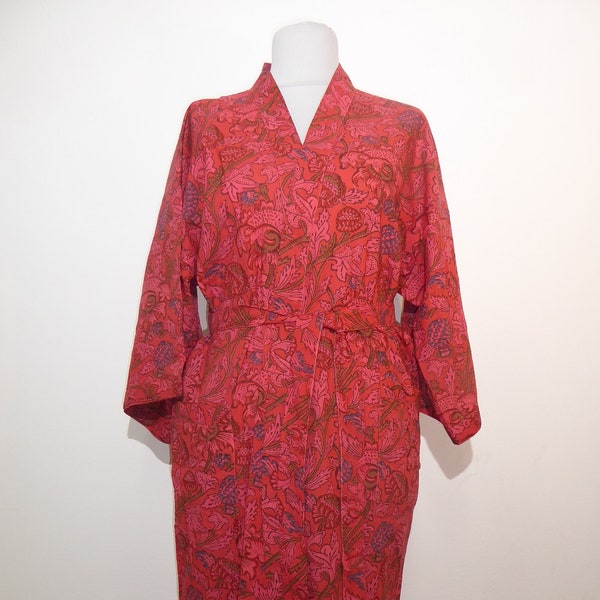 Robe de chambre en pur coton rouge à motifs floraux, kimono en coton rouge à imprimé floral