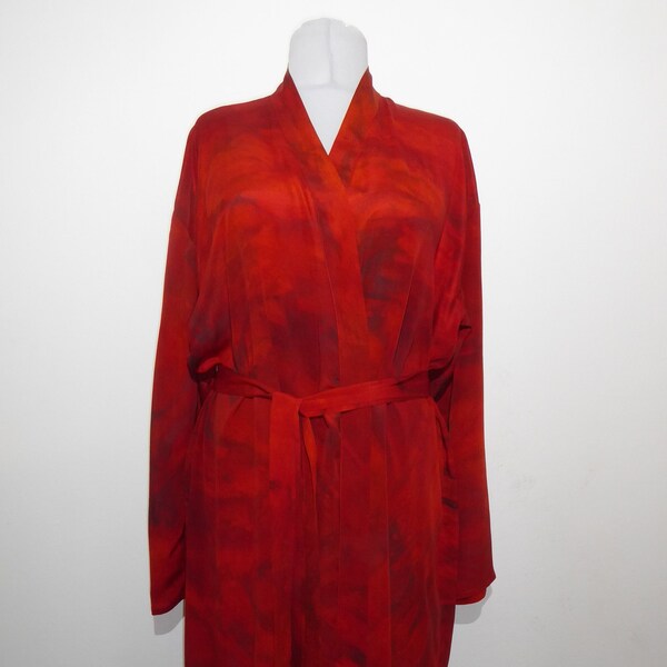 Indian red dressing gown made of hand-batiked pure silk, Indian red silk kimono, Indian red Indian silk kimono in size XL