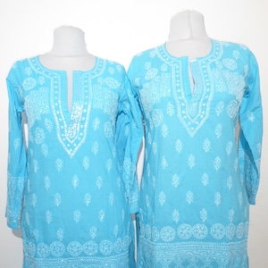 Cotton tunic 'Sushila' hand-embroidered turquoise, tunic made of hand-embroidered pure cotton, tunic with sequin embroidery open neck image 1