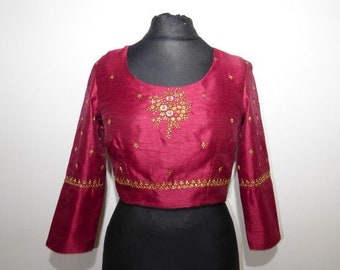 Saribluse 'Choli' rubinrot mit Goldbrokat, indische Saribluse rubinrot / indisch rot mit Goldstickerei