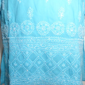 Cotton tunic 'Sushila' hand-embroidered turquoise, tunic made of hand-embroidered pure cotton, tunic with sequin embroidery open neck image 4