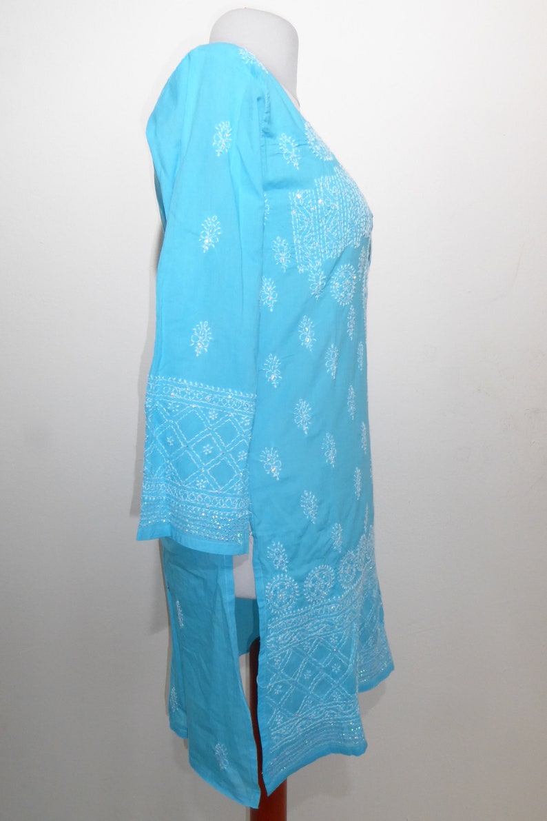 Cotton tunic 'Sushila' hand-embroidered turquoise, tunic made of hand-embroidered pure cotton, tunic with sequin embroidery open neck image 5