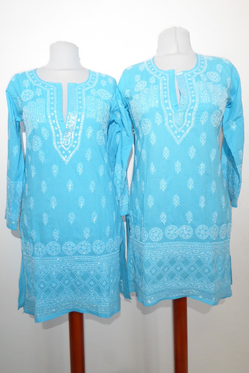 Cotton tunic 'Sushila' hand-embroidered turquoise, tunic made of hand-embroidered pure cotton, tunic with sequin embroidery open neck image 1