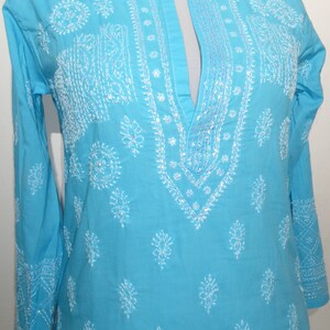 Cotton tunic 'Sushila' hand-embroidered turquoise, tunic made of hand-embroidered pure cotton, tunic with sequin embroidery open neck image 3