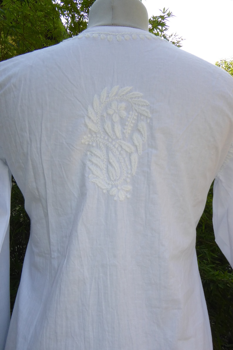 S XL cotton tunic 'Nagara' hand-embroidered, tunic made of hand-embroidered white cotton, Indian tunic image 5