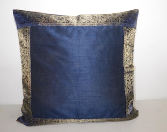 Indian cushion cover rayon dark blue 50 x 50 cm, cushion cover rayon with brocade dark blue