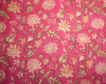 Cotton fabric 'Jaipur' block print ruby red with floral patterns