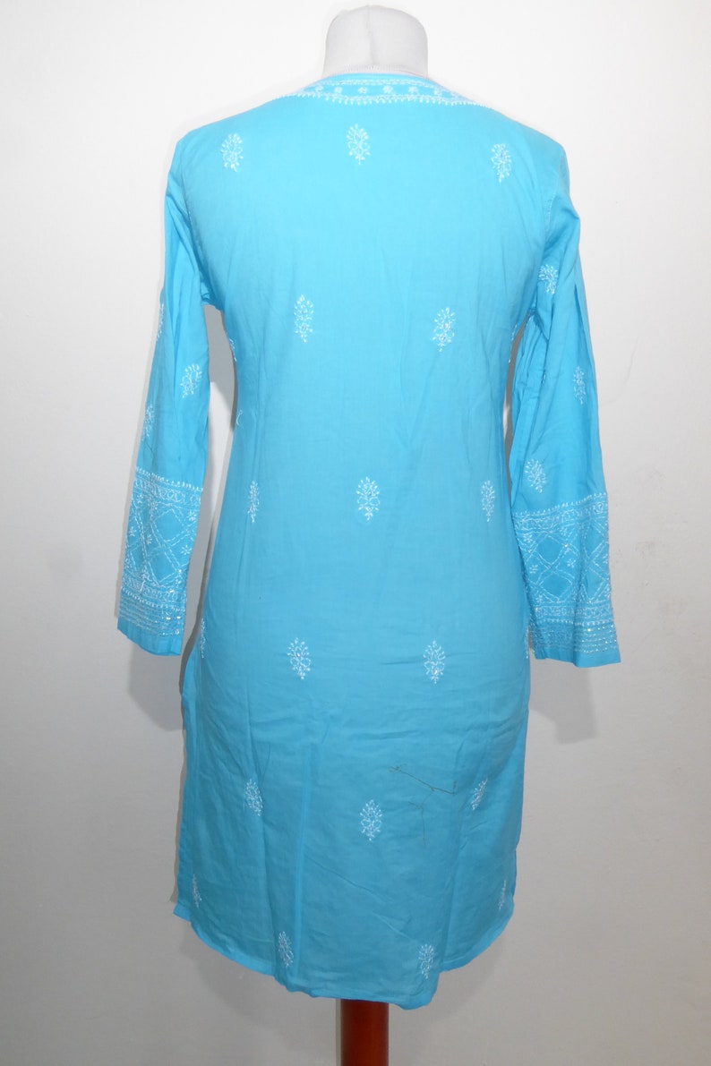 Cotton tunic 'Sushila' hand-embroidered turquoise, tunic made of hand-embroidered pure cotton, tunic with sequin embroidery open neck image 6