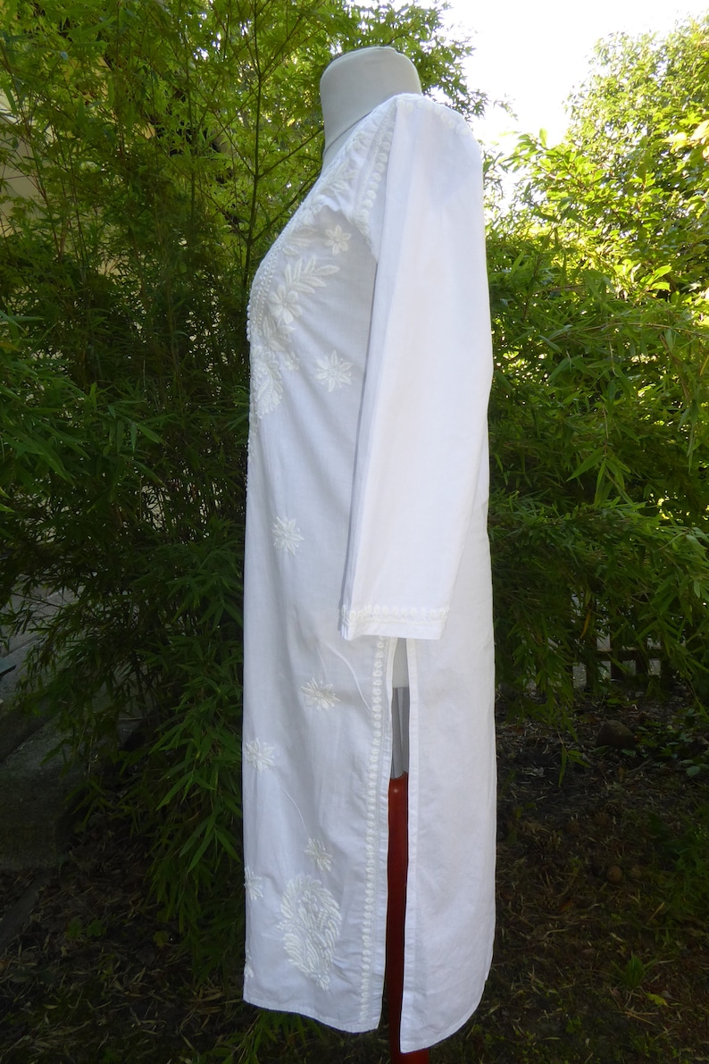 S XL Baumwoll-Tunika 'Nagara' handbestickt, Tunika aus handbestickter weißer Baumwolle, indische Tunika Bild 6
