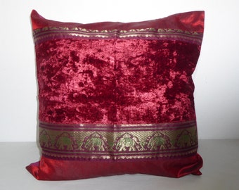 Taie d'oreiller indienne bordeaux 50 x 50 cm, taie d'oreiller bordeaux avec brocart et velours