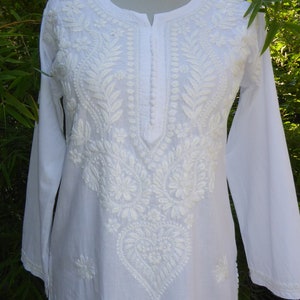 S XL cotton tunic 'Nagara' hand-embroidered, tunic made of hand-embroidered white cotton, Indian tunic image 2