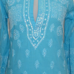 Cotton tunic 'Sushila' hand-embroidered turquoise, tunic made of hand-embroidered pure cotton, tunic with sequin embroidery open neck image 8