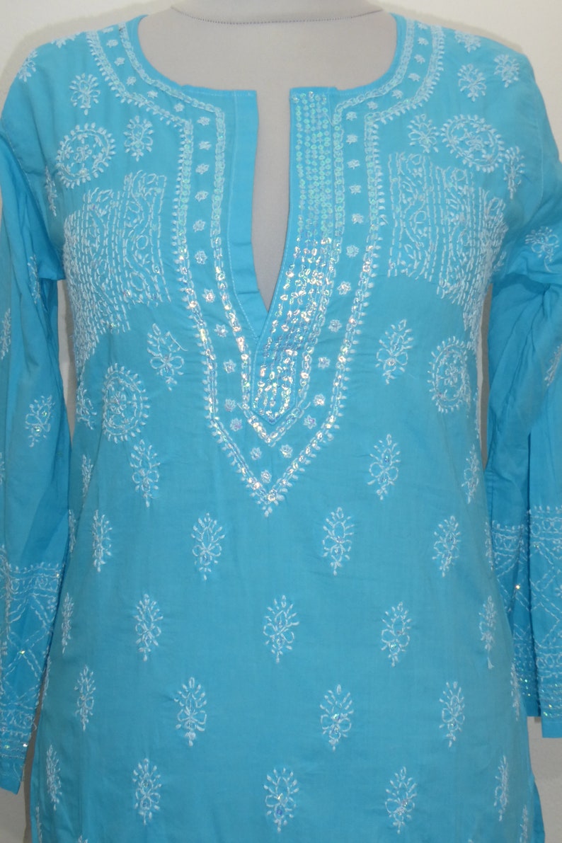 Cotton tunic 'Sushila' hand-embroidered turquoise, tunic made of hand-embroidered pure cotton, tunic with sequin embroidery open neck image 8