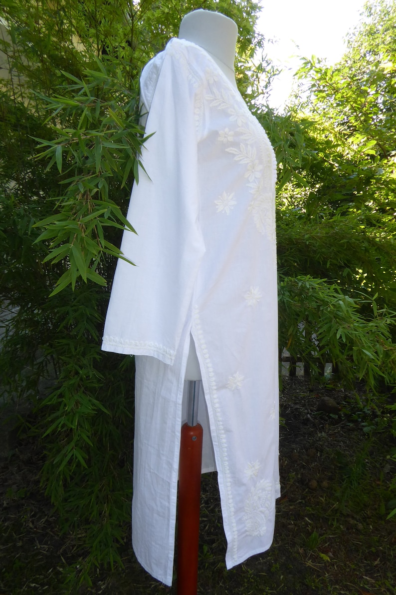 S XL Baumwoll-Tunika 'Nagara' handbestickt, Tunika aus handbestickter weißer Baumwolle, indische Tunika Bild 3