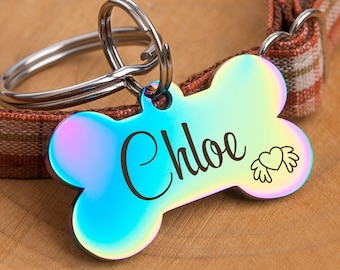 Dog Name Tag - Bone Dog Tag - Personalized Pet Dog Tag - Engraved Dog ID Tag - Puppy Name Tag - Pet ID Tag for Dogs - Rainbow Dog Tags
