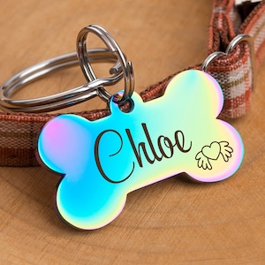 Dog Name Tag - Bone Dog Tag - Personalized Pet Dog Tag - Engraved Dog ID Tag - Puppy Name Tag - Pet ID Tag for Dogs - Rainbow Dog Tags