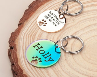 Cat Tag - Cat Name Tag Personalized - Cat Collar Tag - Paw Cat Id Tag - Engraved Pet Id Tag -Custom Cat Tag-Paw Hollow Charm-Rainbow Pet Tag