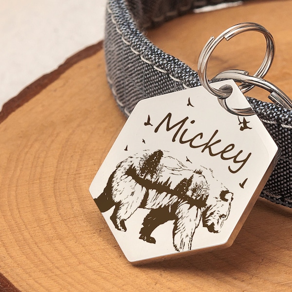 Pet Tag- Hexagon Tag - Custom Dog Tag - Dog ID Tag - Dog Name Tag - Gift for dog - Tag with Bear decal - Double exposure - Bear and Forest