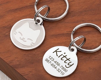 Cat Tag - Cat ID Tag Personalized - Cat Collar Tag - Pet ID Tag - Engraved Pet Tag -Cat Name Tag-Custom Cat Tag with Kitty Head-Cute Cat Tag