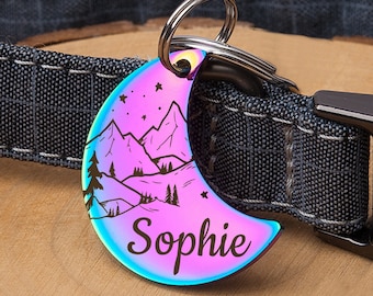 Moon Cat Tag - Cat Name Tag - Cat Tag for Cats Personalized - Cat ID Tag - Cat Collar Tag - Moon Pet Name Tag - Pet Gift - Mountain & Stars