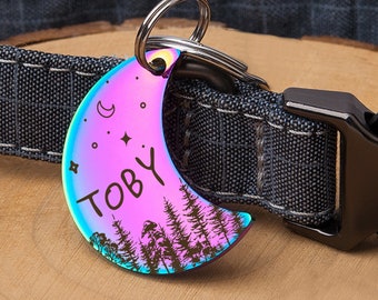Dog Tag - Moon Dog Tag - Custom Dog Cat ID Tag - Dog Tags for dogs Personalized - Pet Gifts - Moon Shape Pet Name Tag - Woods, Forest, Stars
