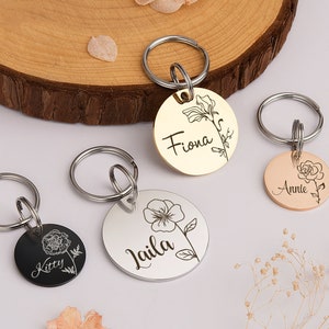 Cat Tag - Gifts for Cats - Round Cat Tag - Custom Cat Tag - Cat ID Tag - Cat Tags for Cat Personalized - Cat tag with birth flowers