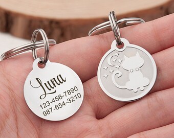 Cat Tag - Luna Cat Tag - Custom Name Tag - Cat Tag Personalized - Cat ID Tag - Cat Collar Tag - Engraved Pet Tag -Moon and Stars Cat Pet Tag