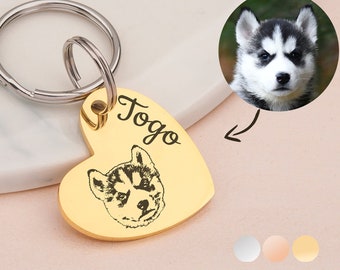 Dog ID Tag - Dog Tags For Dogs Personalized - Dog Portrait Tag - Custom Pet Portrait - Engraved Dog Tag - Cat Tag - Heart Dog Tag -Pet Gifts