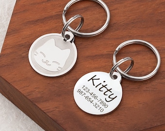 Cat Tag - Cat ID Tag Personalized - Cat Collar Tag - Pet ID Tag - Engraved Pet Tag -Cat Name Tag-Custom Cat Tag with Kitty Head-Cute Cat Tag