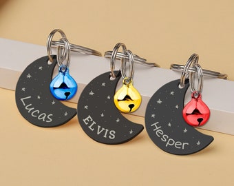Cat Tag - Cat Collar Tag - Moon and Stars Cat Tag - Cat Tag Personalized -Custom Cat Tag with Bell-Cat Id Tag- Black Moon Cat Tag -Gold Bell