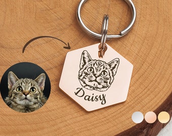 Cat Tag - Cat Portrait Tag - Pet ID Tag - Custom Pet Portrait - Engraved Pet Portrait From Photo - Cat Collar Tag -Hexagon Pet Tag-Dog Tags