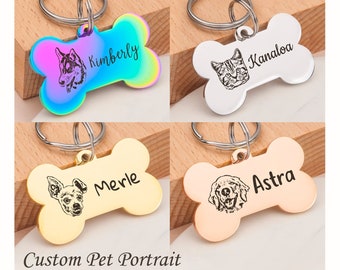 Dog Tag - Custom Dog Tags - Pet Portrait - Engraved Dog Tag - Dog Name Tags - Cat Id Tag - Custom Pet Portrait From Photo - Bone Dog Tag