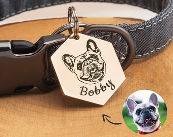 Pet Portrait - Dog Tags - Pet Portrait Dog Tag - Hexagon Dog Tag Personalized - Dog Collar Tag - Engraved Dog Photo Tag Gift for Dog Mom