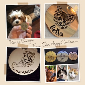 May include: A collage of images showcasing personalized pet ID tags with engraved names and designs. The tags are made of metal and feature a variety of styles, including a dog's face, a cartoon character, and a simple name.