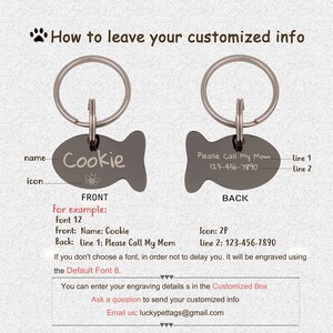 May include: A silver fish-shaped pet tag with a black background. The front of the tag says "Cookie" with a small bee icon. The back of the tag says "Please Call My Mom 123-456-7890".
