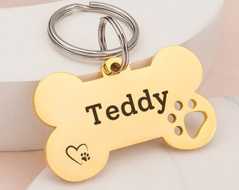 Gold Dog Tag -  Dog Tags for Dogs Personalized - Bone Shaped Dog Tag - Dog Collar Tag - Personalized Dog Tag with Hollow Paw Print