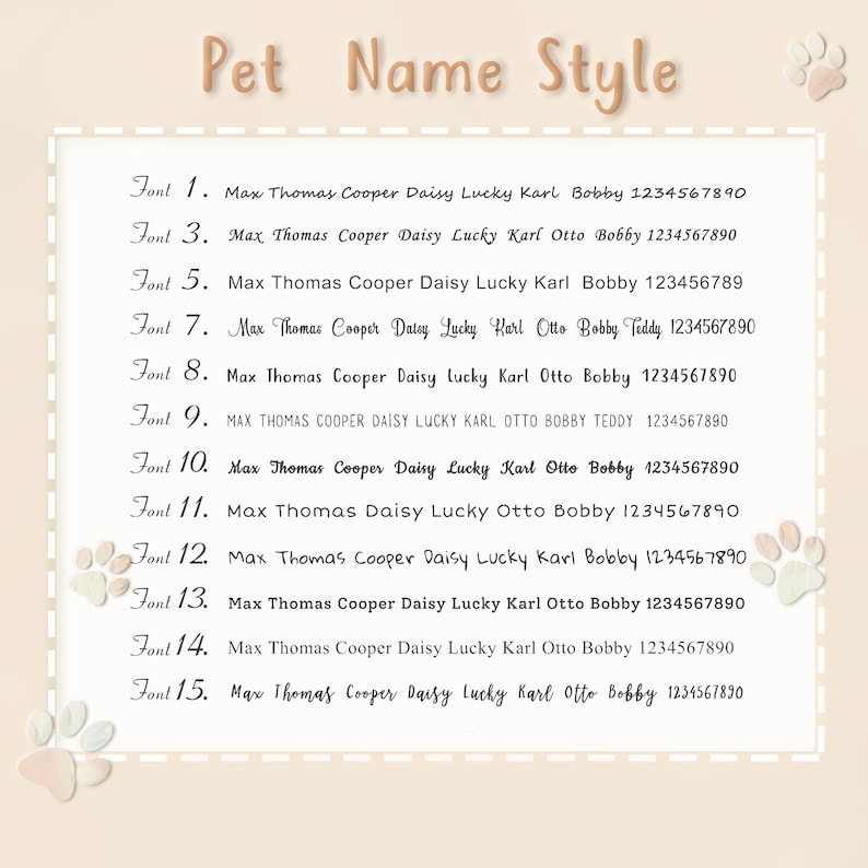 K&ouml;nnte beinhalten: Ein beiger Hintergrund mit Pfotenabdr&uuml;cken in den Ecken. Der Text "Pet Name Style" ist in brauner Schrift. Es werden 15 verschiedene Schriftarten mit den Namen "Max Thomas Cooper Daisy Lucky Karl Otto Bobby Teddy" und der Nummer "1234567890" angezeigt.