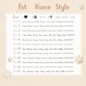 May include: A chart with 15 different font styles for pet names. The chart includes a variety of fonts, including script, sans serif, and serif fonts. The chart also includes a variety of icons, including a heart, a paw print, a fish, a cross, an arrow, a star, and a paw print.
