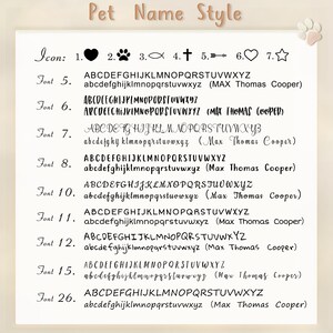 May include: A Pet Name Style chart featuring seven icons including a heart, paw print, fish, cross, arrow, outline heart, and star. Below are eight numbered font options displaying the alphabet in uppercase and lowercase, with the name Max Thomas Cooper.