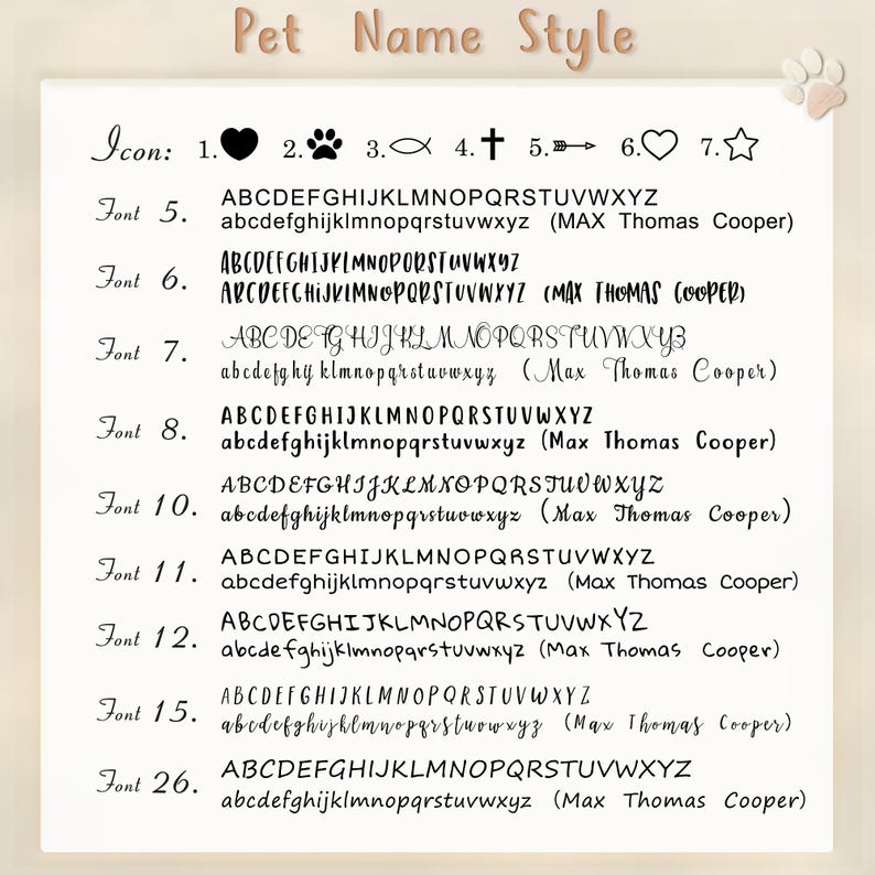 May include: A Pet Name Style chart featuring seven icons including a heart, paw print, fish, cross, arrow, outline heart, and star. Below are eight numbered font options displaying the alphabet in uppercase and lowercase, with the name Max Thomas Cooper.