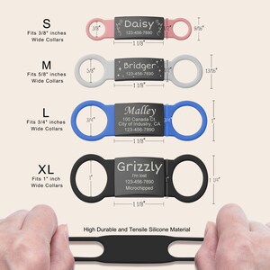 May include: Four different sizes of black, blue, gray, and pink silicone dog collars with engraved metal tags. The tags have the names Daisy, Bridger, Malley, and Grizzly, along with phone numbers and other information. The collars are labeled with their size: S, M, L, and XL. The collars are designed to fit different collar widths, ranging from 3/8 inch to 1 inch.