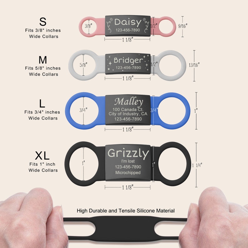 May include: Four different sizes of black, blue, gray, and pink silicone dog collars with engraved metal tags. The tags have the names Daisy, Bridger, Malley, and Grizzly, along with phone numbers and other information. The collars are labeled with their size: S, M, L, and XL. The collars are designed to fit different collar widths, ranging from 3/8 inch to 1 inch.