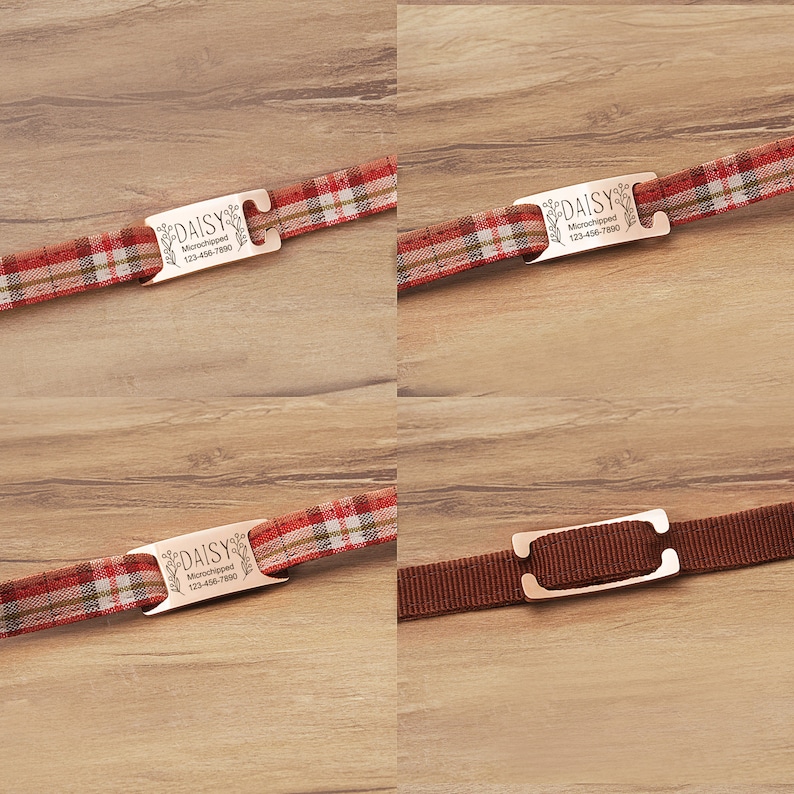 Op de afbeelding: Een rechthoekig naamplaatje voor een huisdierhalsband van ros&eacute;goudkleurig metaal met afgeronde hoeken, gegraveerd met de naam Daisy, de tekst Microchipped en het telefoonnummer 123-456-7890, bevestigd aan een rood-wit geruite stoffen halsband.
