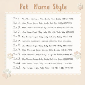 May include: A beige background with paw prints in the corners. The text "Pet Name Style" is in a brown font.  There are 15 different font styles shown with the names "Max Thomas Cooper Daisy Lucky Karl Otto Bobby Teddy" and the number "1234567890".