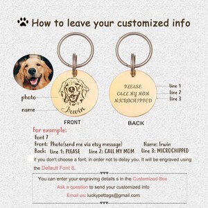 May include: A gold-colored dog tag with a photo of a dog on the front and the text "Irwin" engraved below. The back of the tag has the text "PLEASE CALL MY MOM MICROCHIPPED" engraved on it. The tag is attached to a silver key ring.