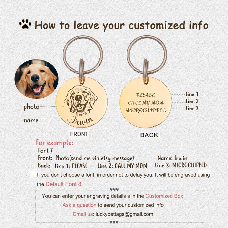 May include: A gold-colored dog tag with a photo of a dog on the front and the text "Irwin" engraved below. The back of the tag has the text "PLEASE CALL MY MOM MICROCHIPPED" engraved on it. The tag is attached to a silver key ring.