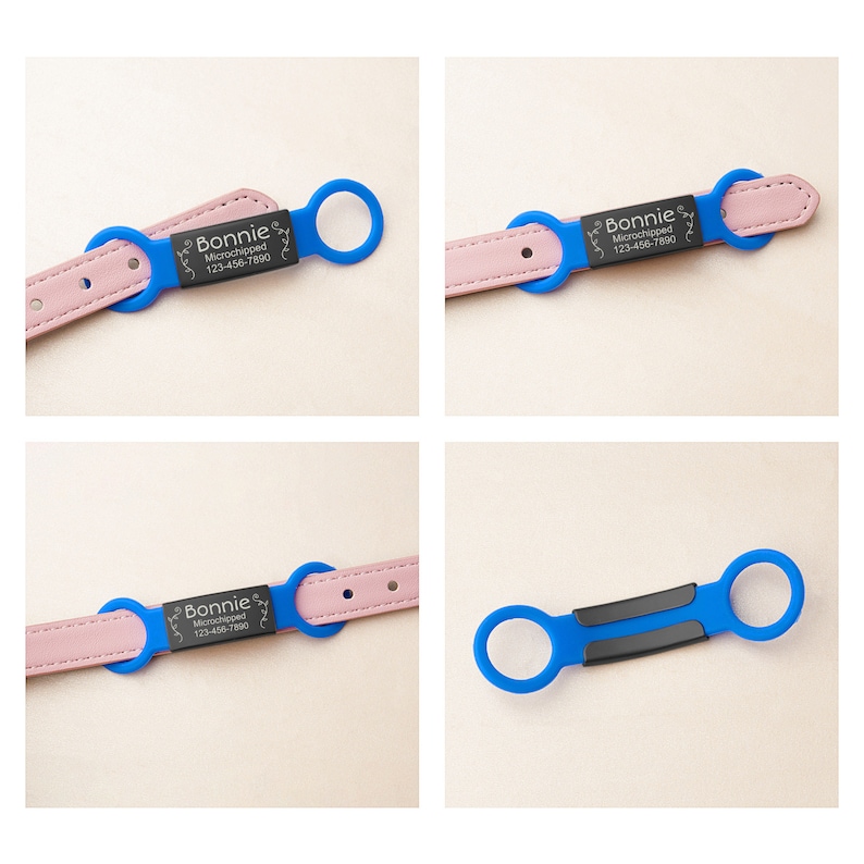 May include: A pink leather dog collar with a blue and black personalized ID tag that reads "Bonnie Microchipped 123-456-7890".