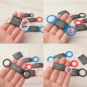 May include: A set of eight personalized dog ID tags with different colored silicone holders. The tags are engraved with the dog's name, contact information, and a microchip number. The tags are a great way to keep your dog safe and identified.
