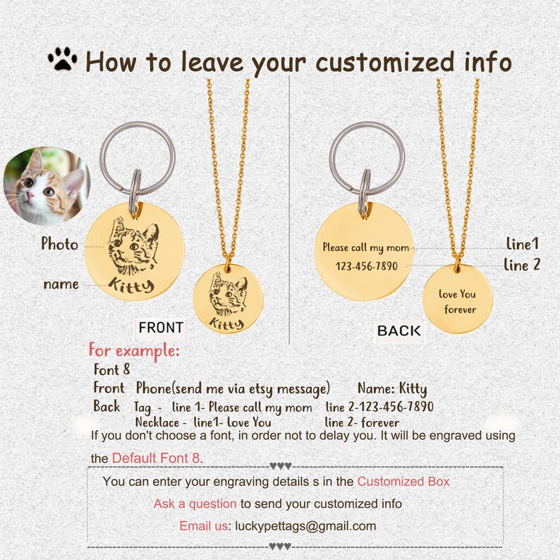 May include: A gold-toned pet ID tag with a round shape and a small image of a cat. The tag has the text "Kitty" engraved on the front and "Love You Forever" on the back. The tag is shown with a chain and a key ring.