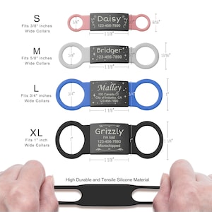 May include: Four different sizes of black silicone dog collars with engraved metal tags. The tags have different names and phone numbers. The collars are shown with measurements in inches.